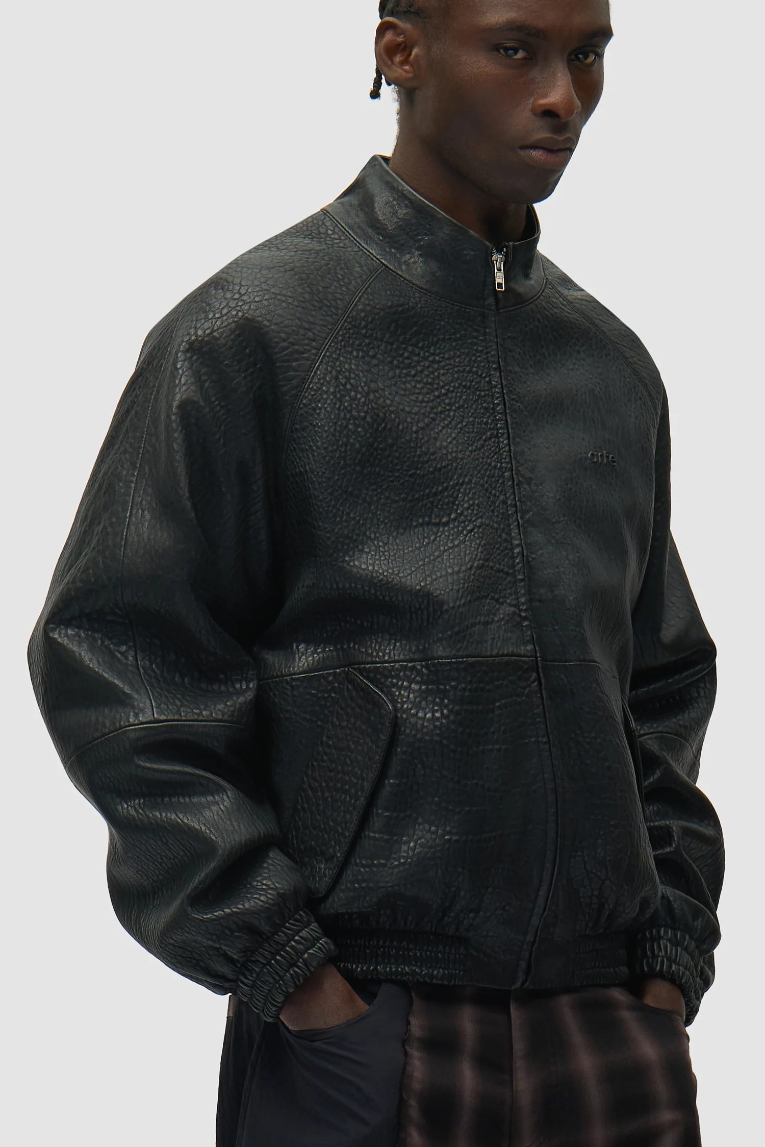 High Collar Leather Jacket - Black - Image 7